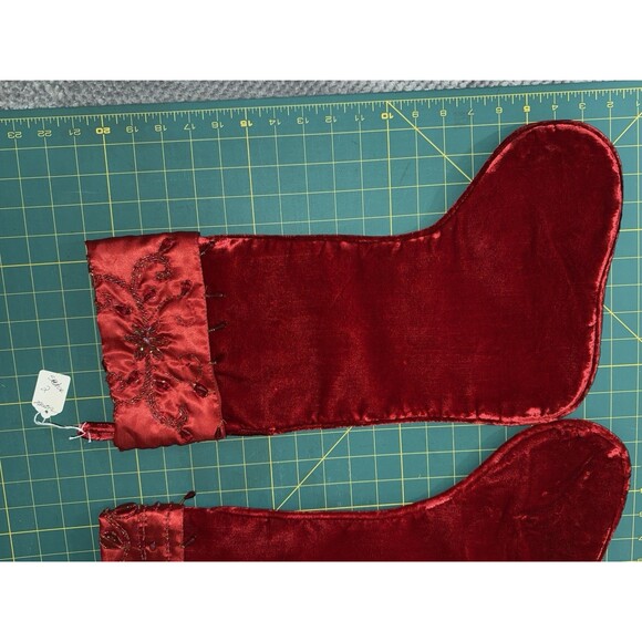 Christmas Bright Red Velvet 2 Stockings Floral Embroidered Beading - Picture 8 of 15